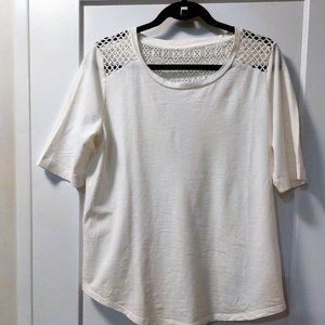 Women's White Short Sleeves T- Shirt w/Open Weave Accent on Shoulders/Yoke - Med